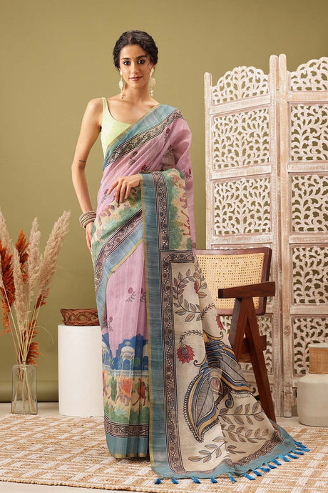 Pink Cotton Blend Printed Madhubani Saree