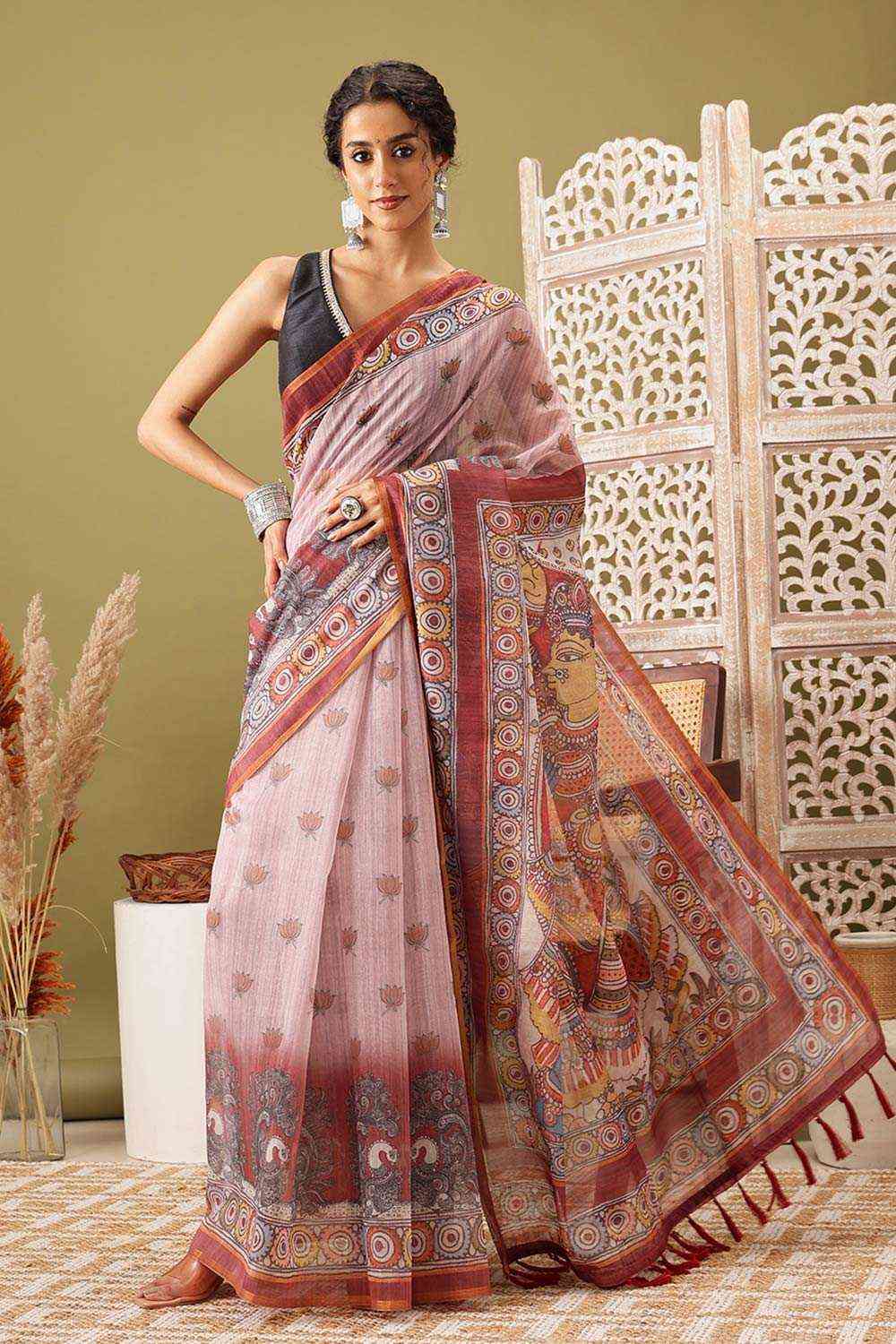 Rust Cotton Blend Printed Madhubani Saree