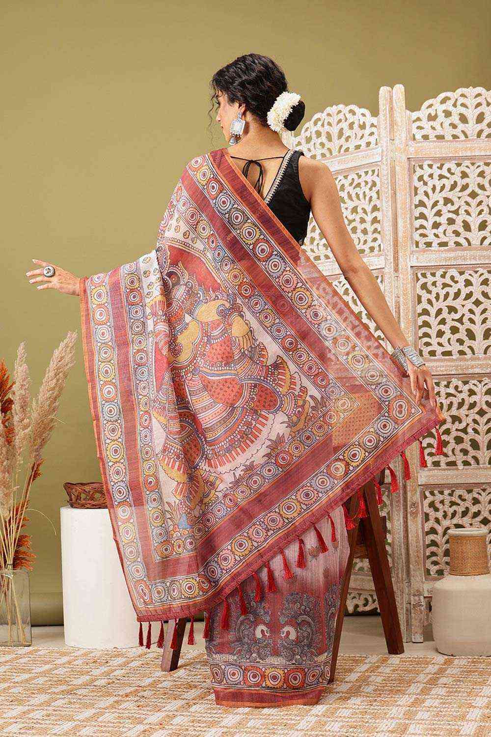 Rust Cotton Blend Printed Madhubani Saree