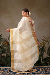 Off White Cotton Solid Solid Saree