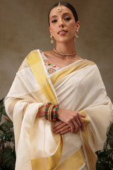 Off White Cotton Solid Solid Saree