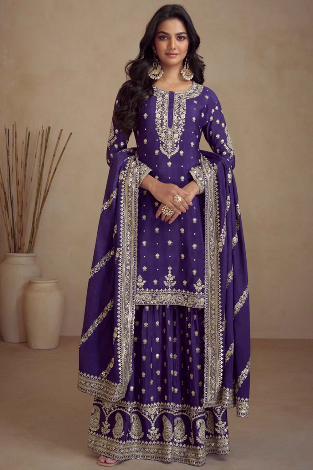 Purple Chinon Embroidered Palazzo Suit