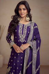 Purple Chinon Embroidered Palazzo Suit