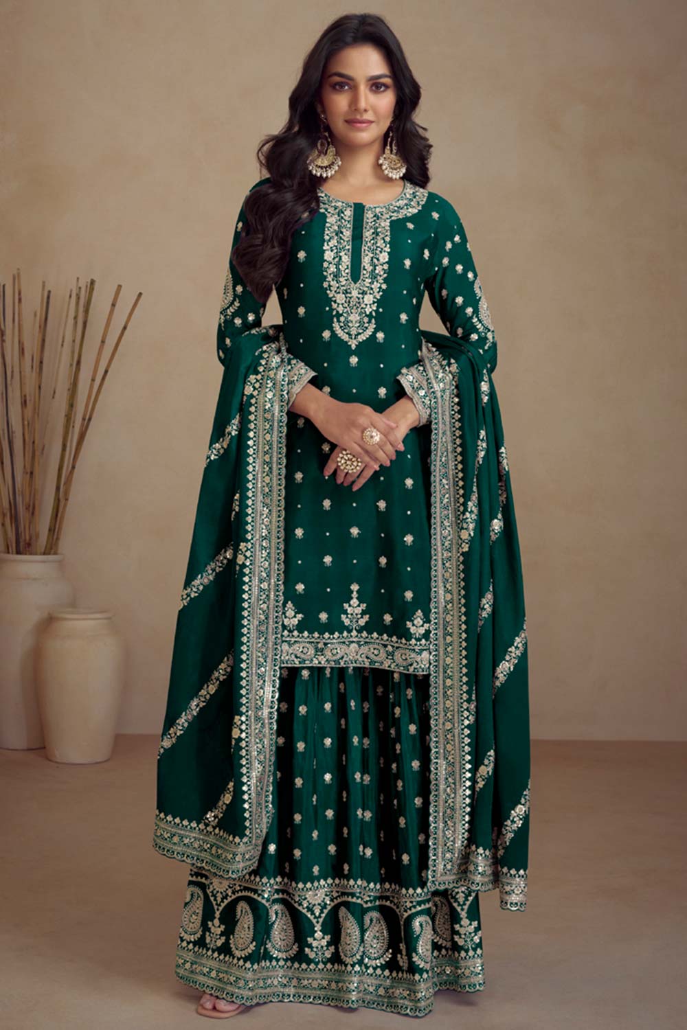 Teal Green Chinon Embroidered Palazzo Suit