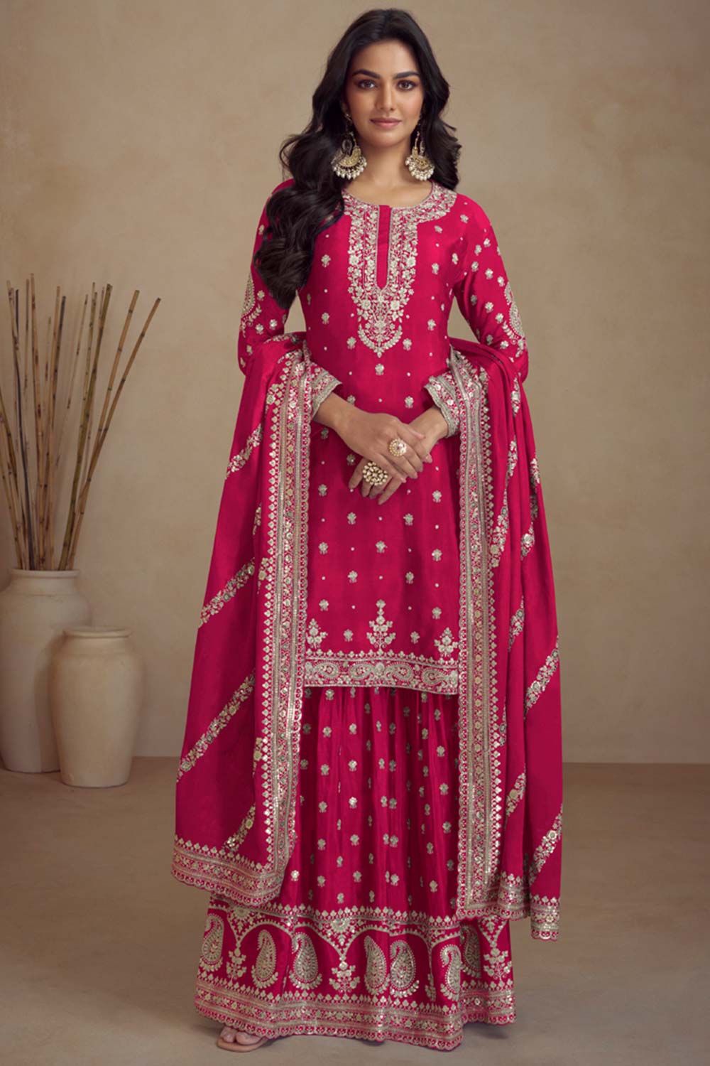 Magenta Chinon Embroidered Palazzo Suit