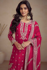 Magenta Chinon Embroidered Palazzo Suit