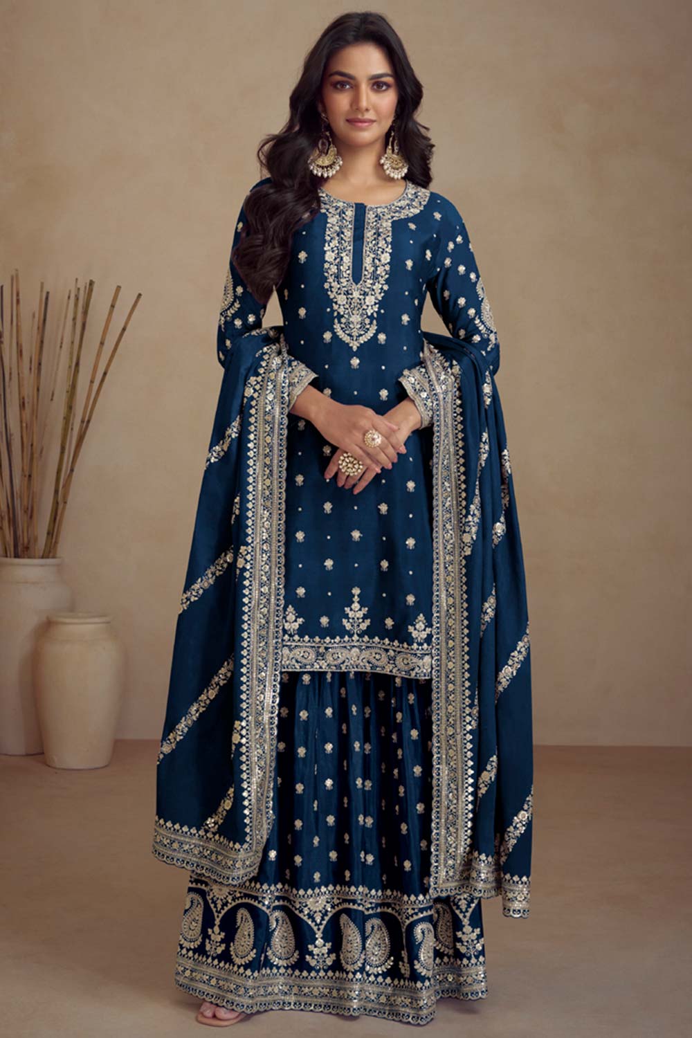 Royal Blue Chinon Embroidered Palazzo Suit