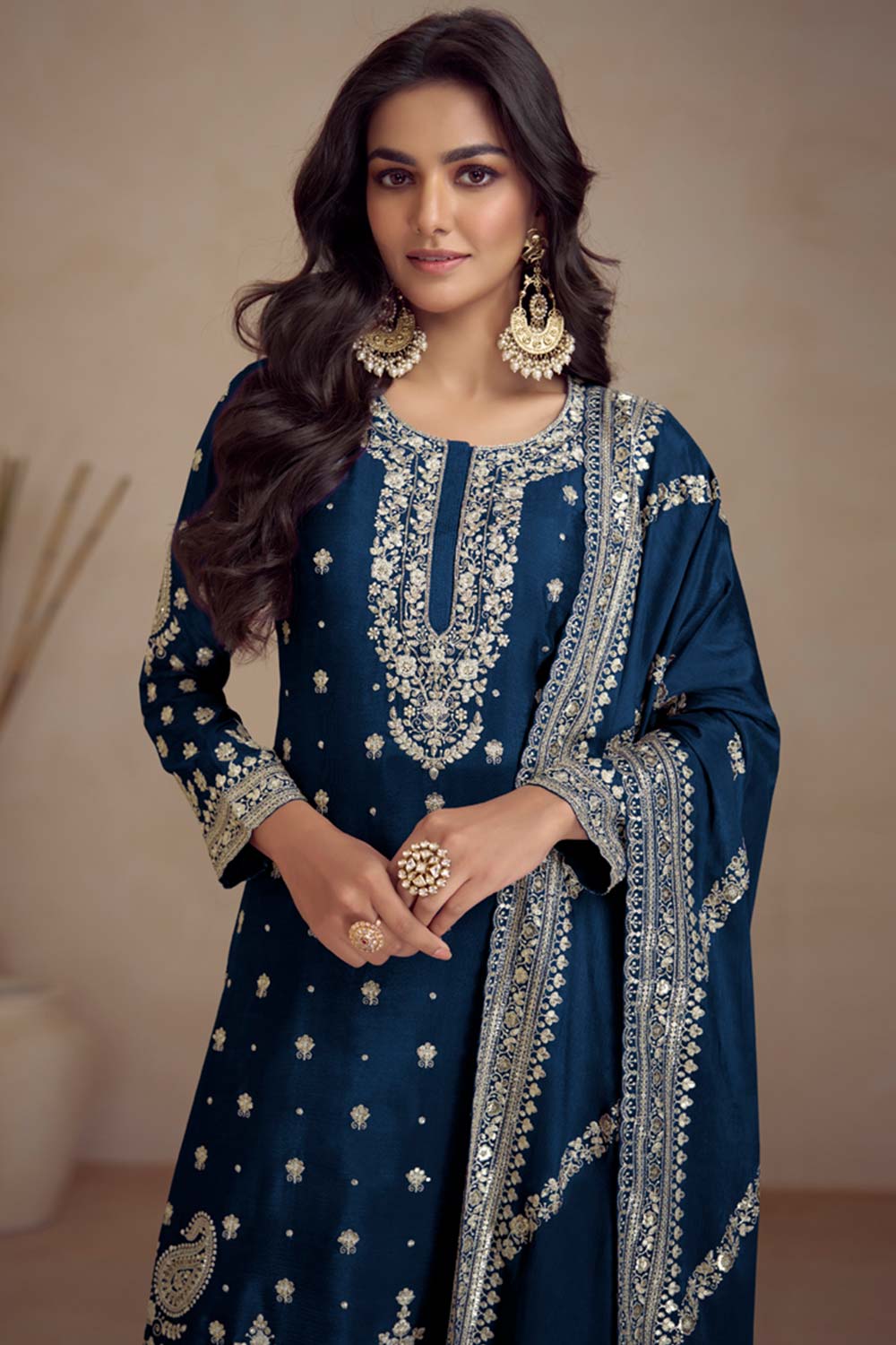 Royal Blue Chinon Embroidered Palazzo Suit