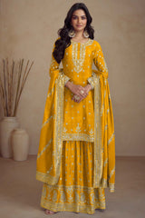 Yellow Chinon Embroidered Palazzo Suit