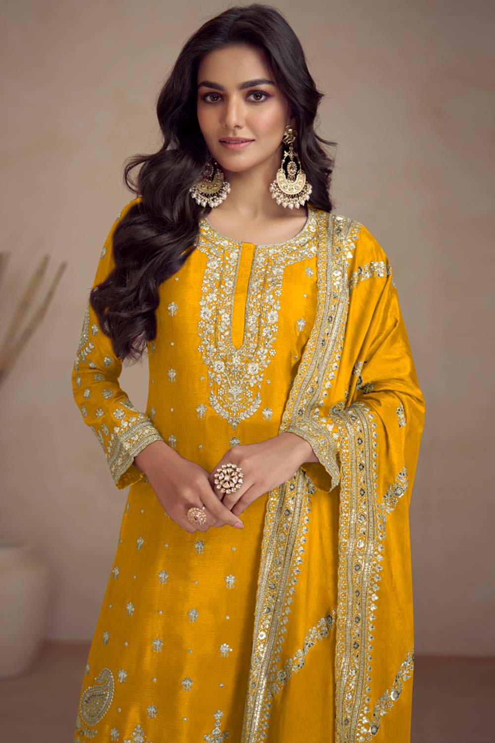 Yellow Chinon Embroidered Palazzo Suit