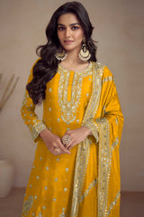 Yellow Chinon Embroidered Palazzo Suit