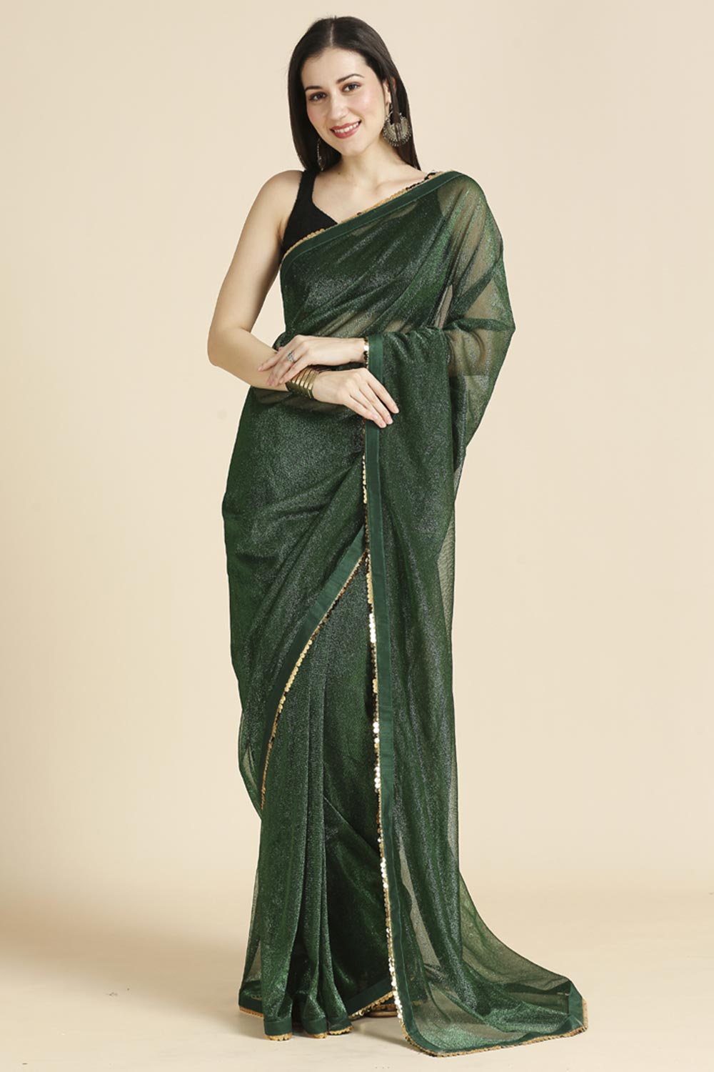 Green Fancy Fabric Sequins Work Party Wear Designer Saree