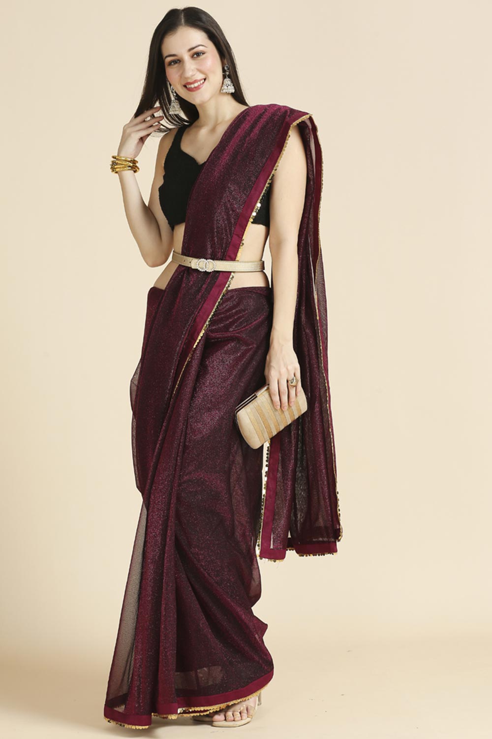 Wine Fancy Fabric Sequins Work Party Wear Designer Saree