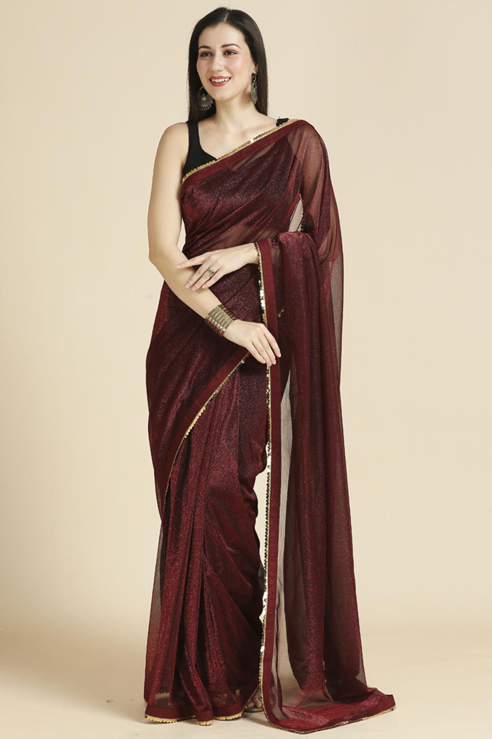 Maroon Fancy Fabric Sequins Work Party Wear Designer Saree