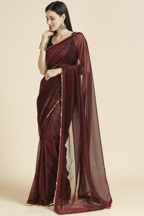 Maroon Fancy Fabric Sequins Work Party Wear Designer Saree