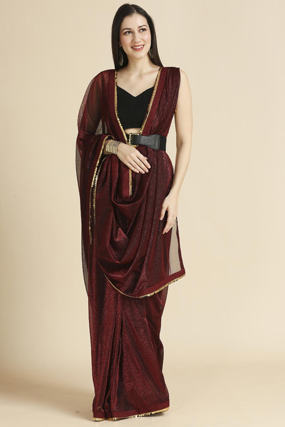 Maroon Fancy Fabric Sequins Work Party Wear Designer Saree