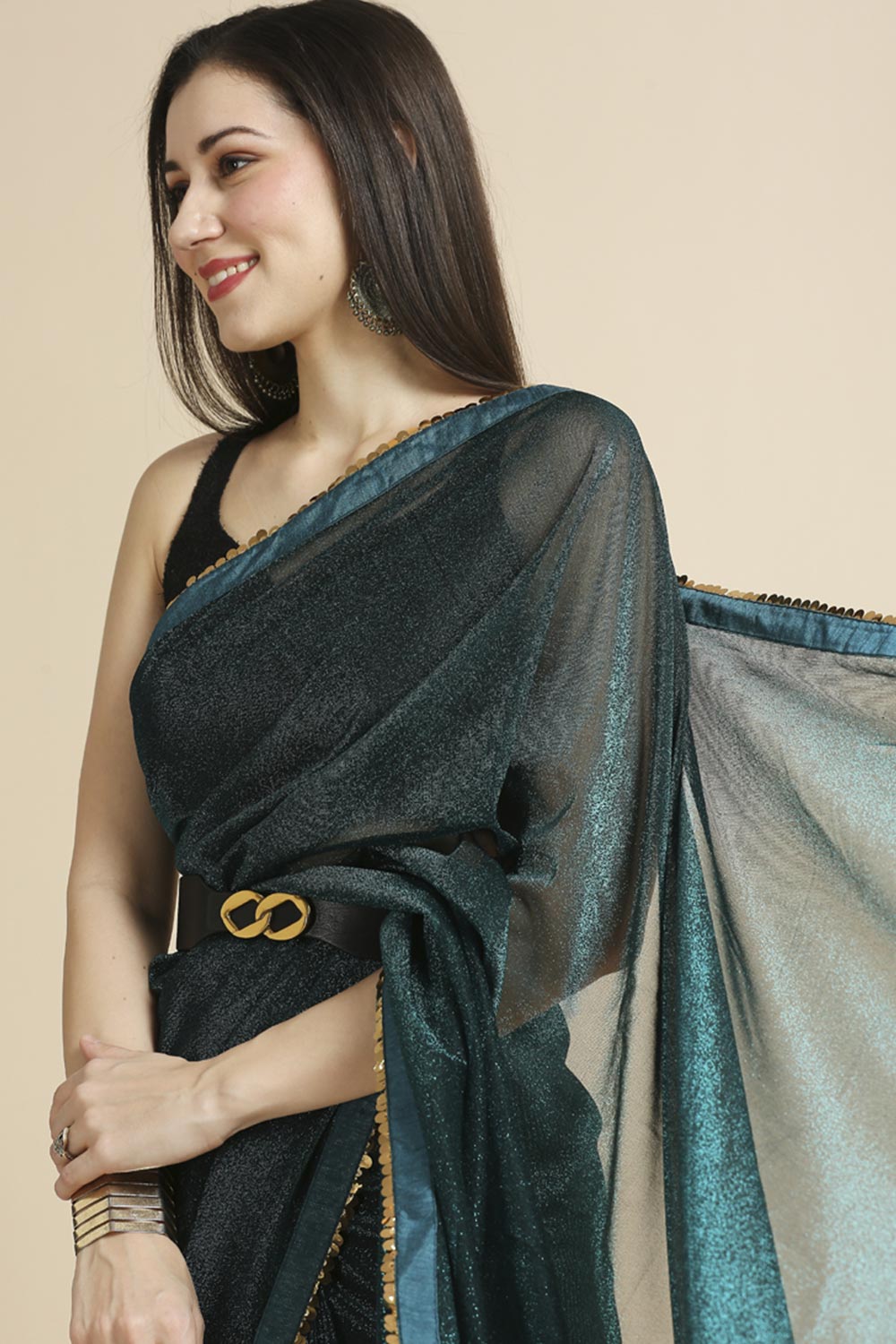 Dark Green Fancy Fabric Sequins Work Party Wear Designer Saree