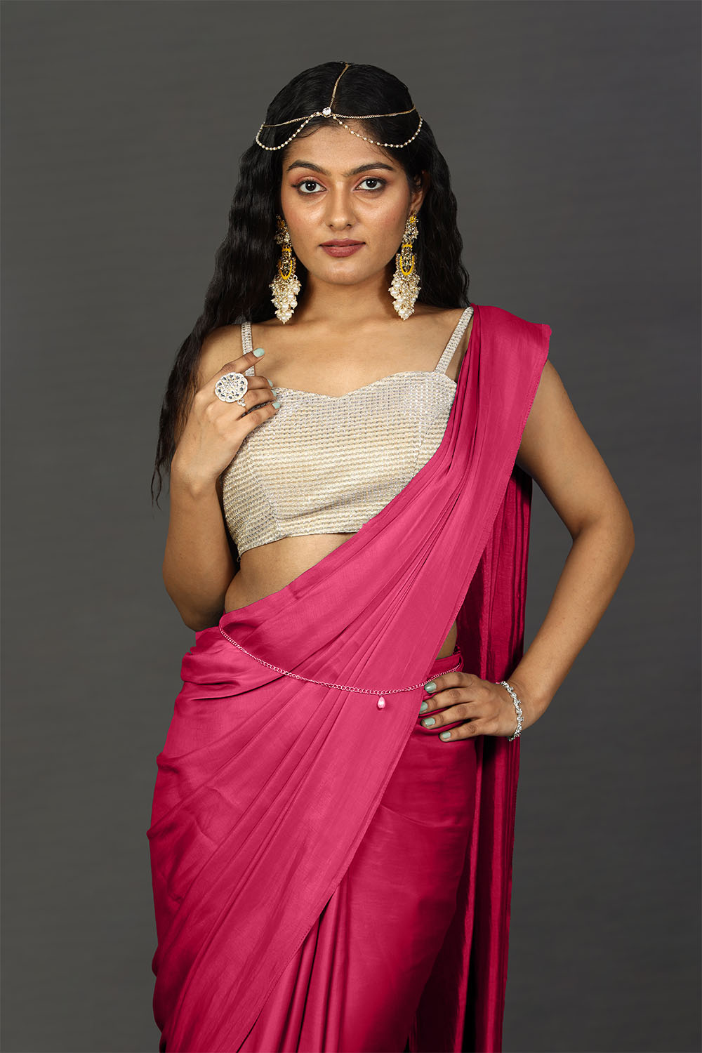 Shana Ombre Pink And Red Satin Ready To Wear Saree