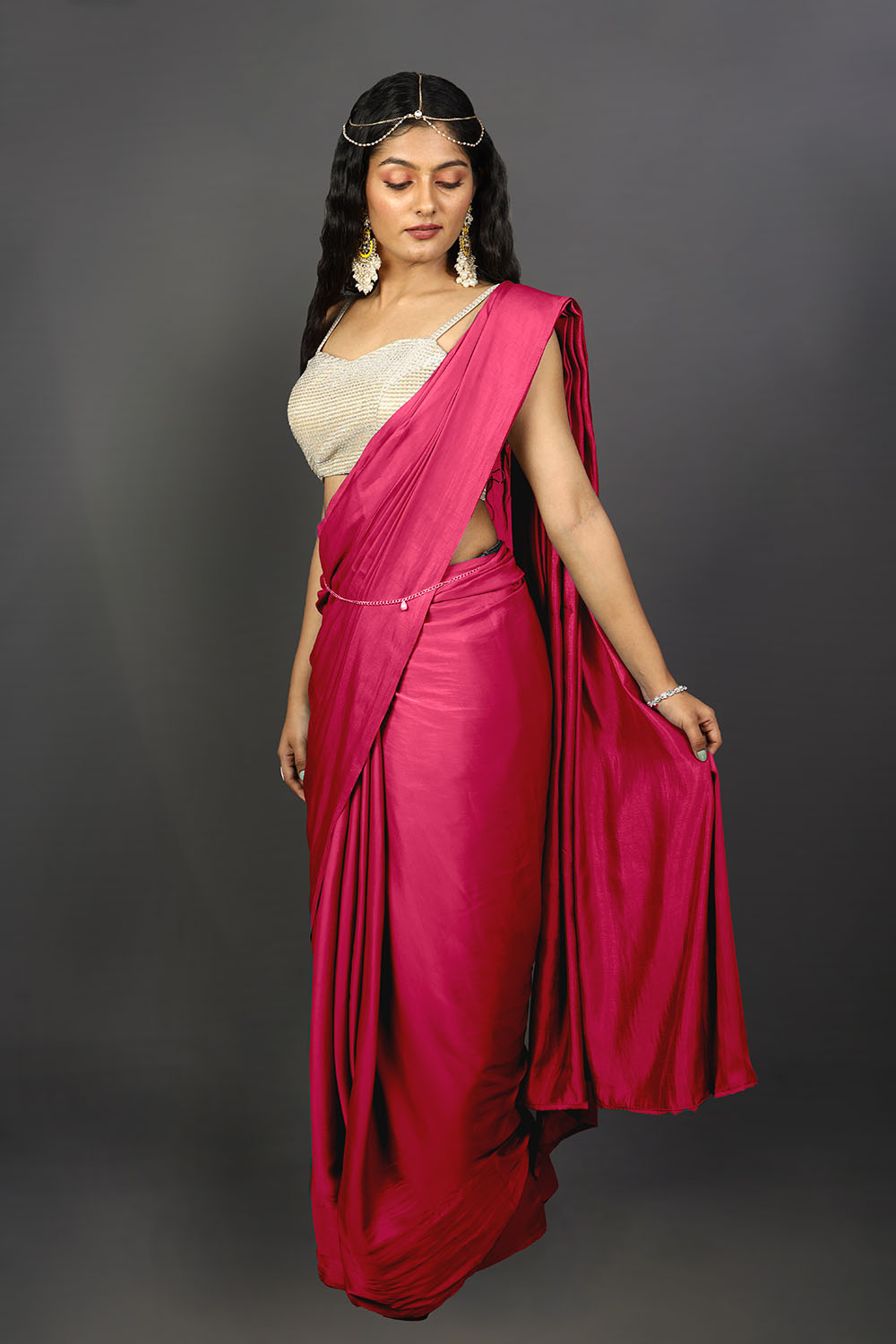 Shana Ombre Pink And Red Satin Ready To Wear Saree