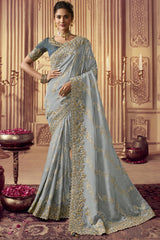 Grey Viscose Resham Embroidery Party Wear Designer Saree