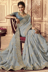 Grey Viscose Resham Embroidery Party Wear Designer Saree