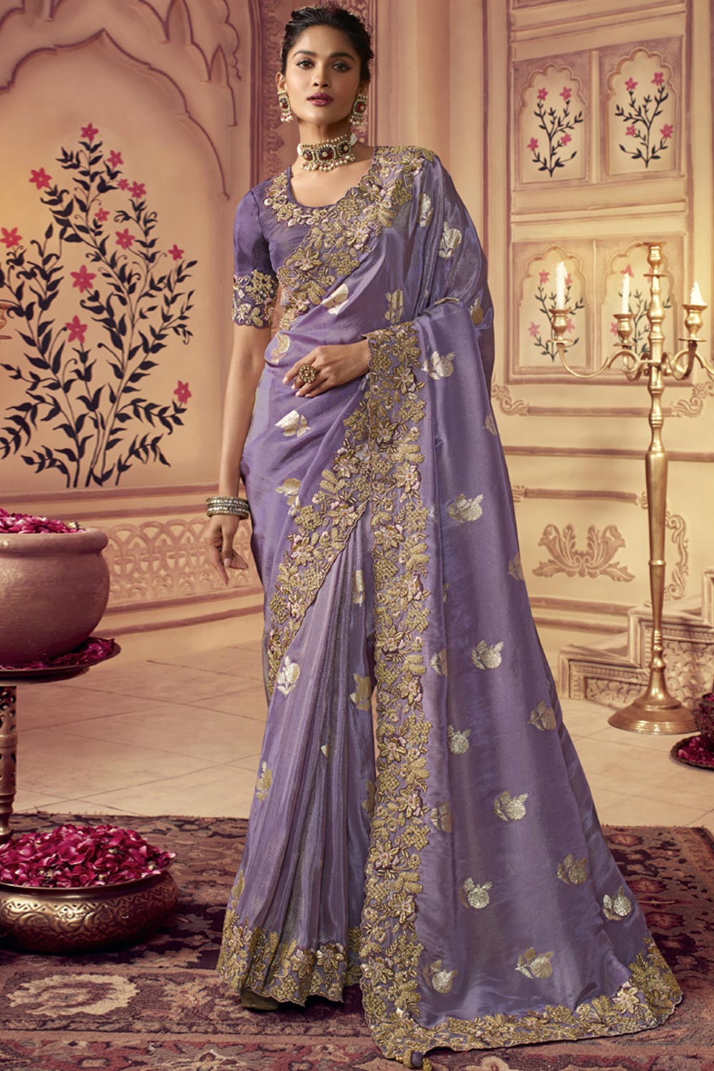 Light Lavender Viscose Resham Embroidery Party Wear Designer Saree