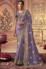 Light Lavender Viscose Resham Embroidery Party Wear Designer Saree