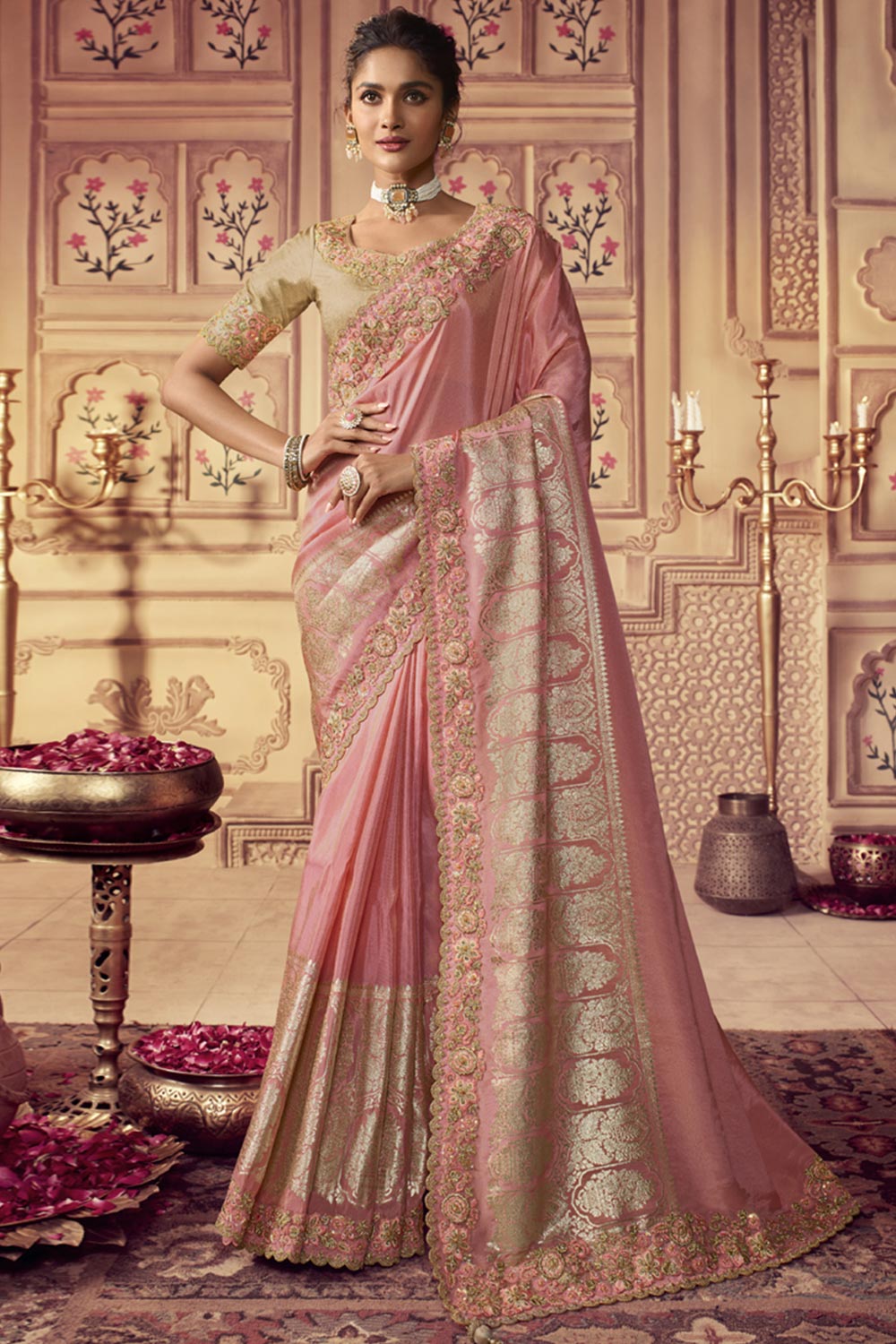 Peach Viscose Resham Embroidery Party Wear Designer Saree