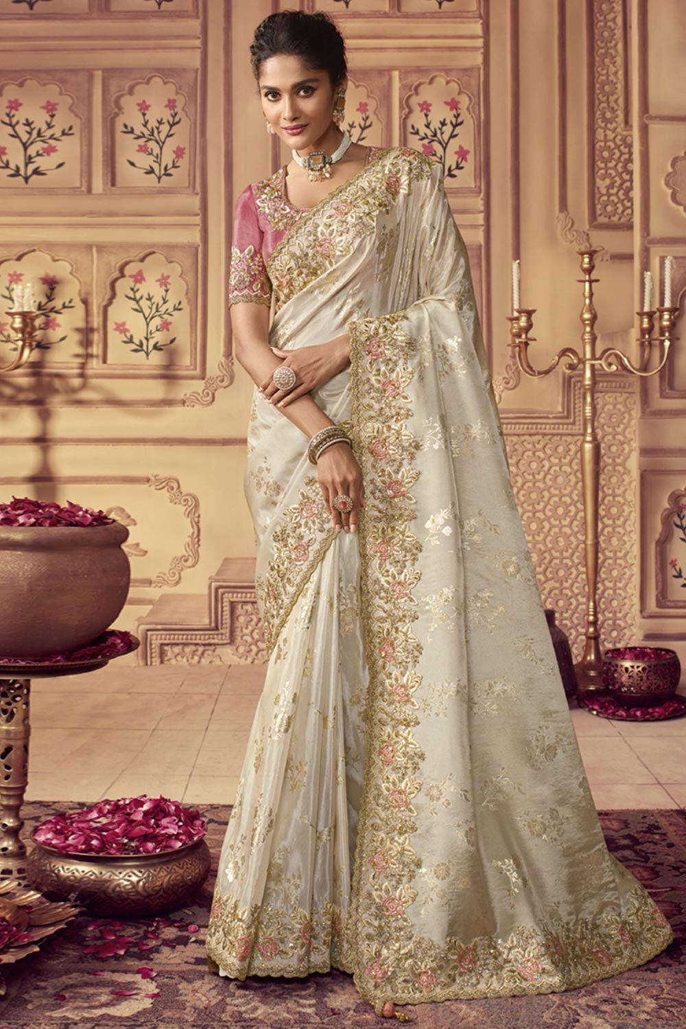 Off White Viscose Resham Embroidery Party Wear Designer Saree