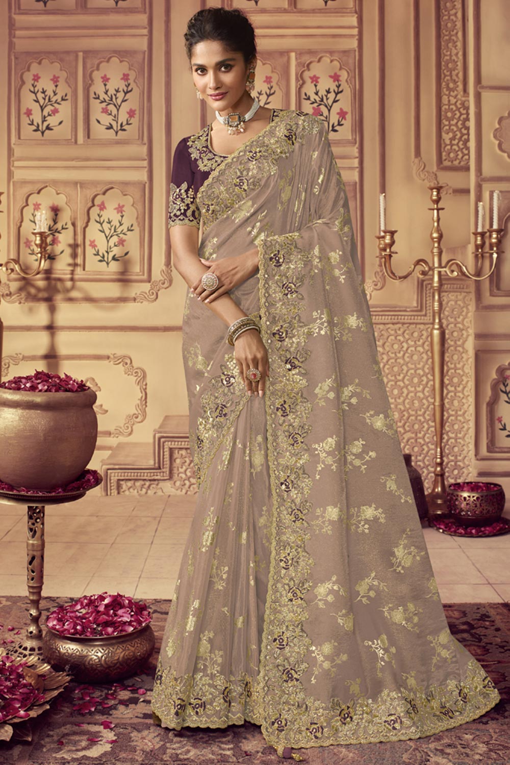 Beige Viscose Resham Embroidery Party Wear Designer Saree