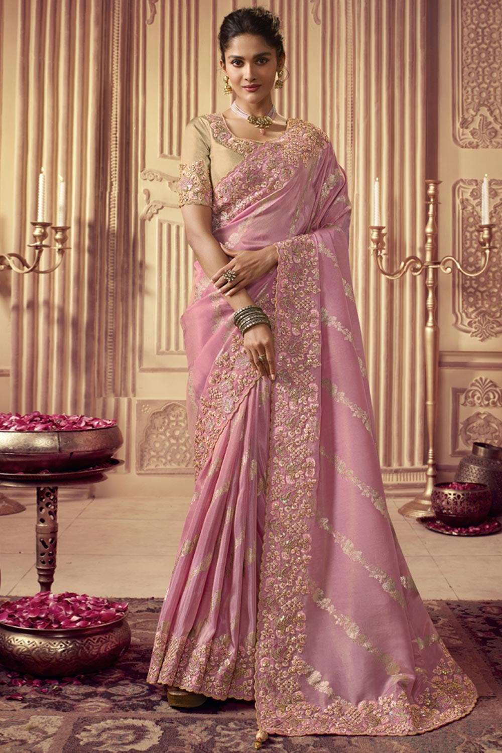 Pink Viscose Resham Embroidery Party Wear Designer Saree