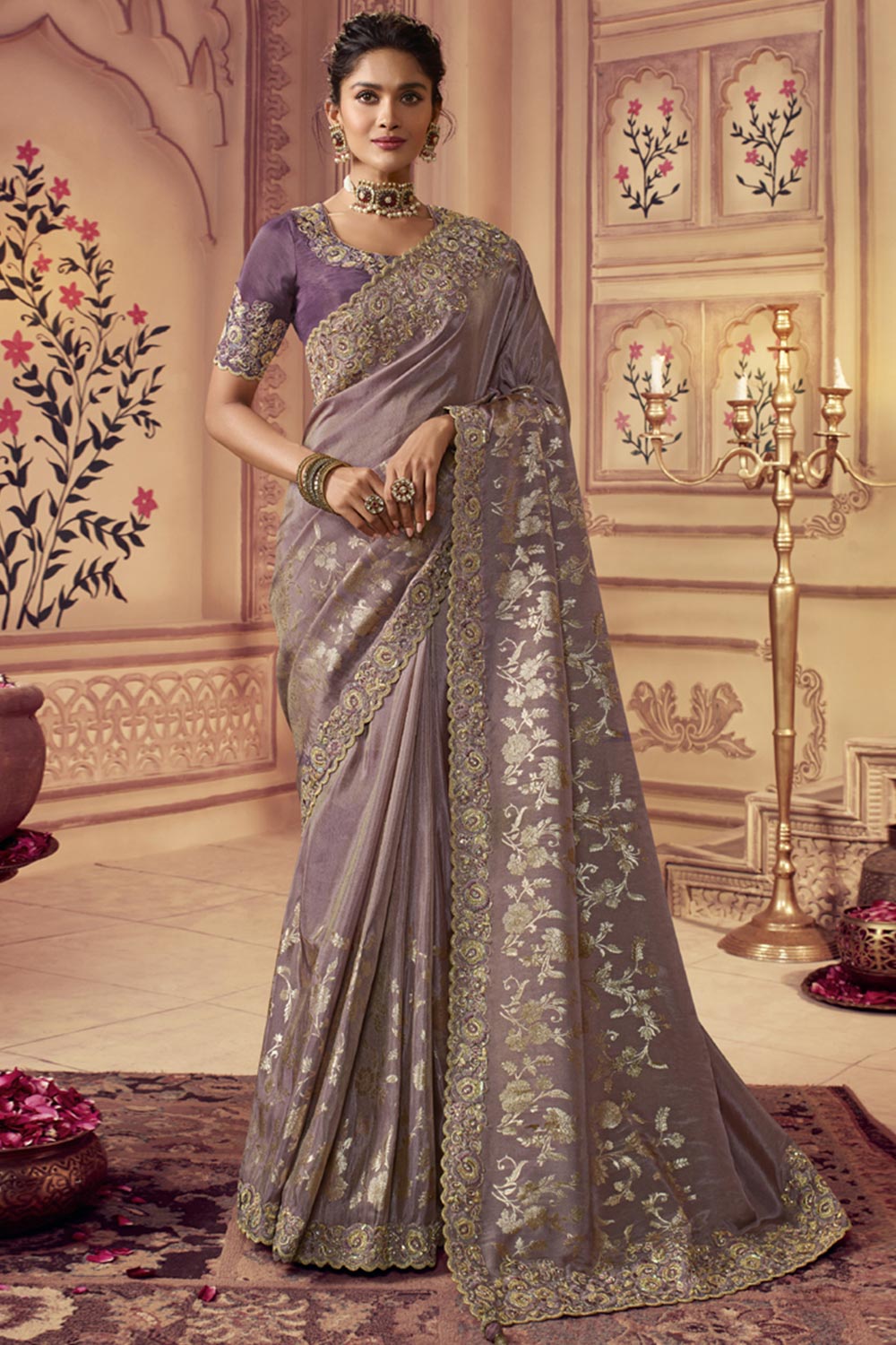 Light Lavender Viscose Resham Embroidery Party Wear Designer Saree