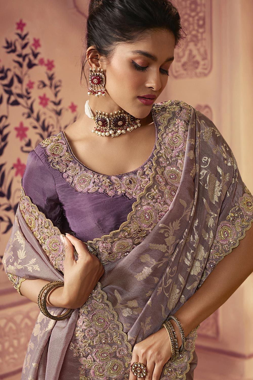 Light Lavender Viscose Resham Embroidery Party Wear Designer Saree