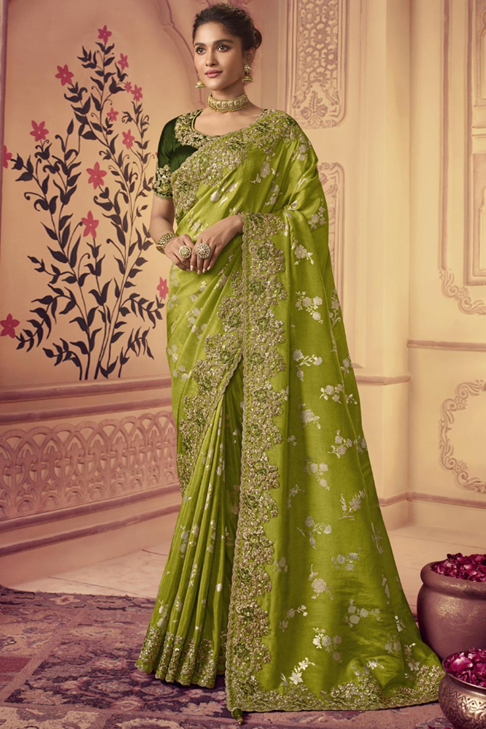 Lime Viscose Resham Embroidery Party Wear Designer Saree