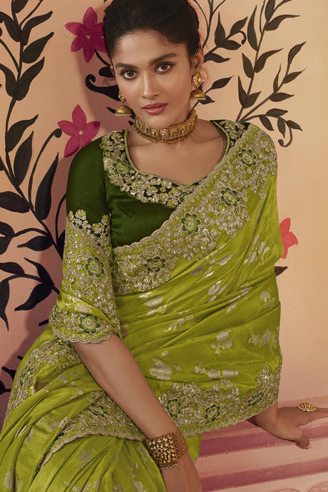 Lime Viscose Resham Embroidery Party Wear Designer Saree