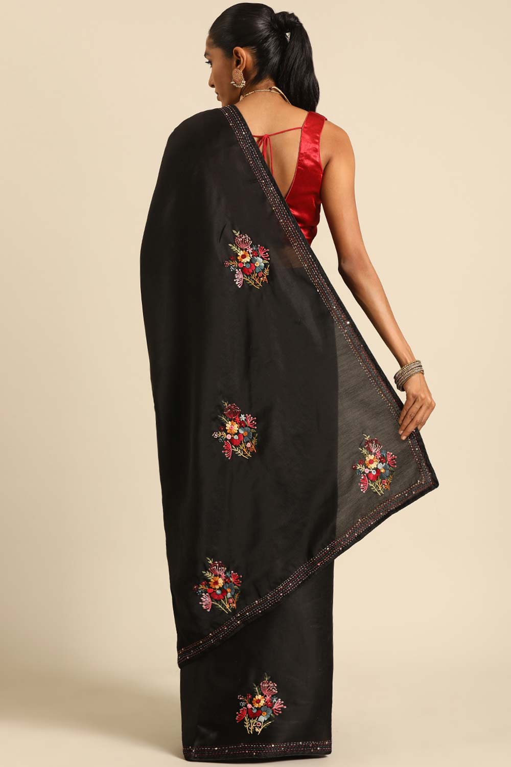 Black Silk Blend Woven Saree