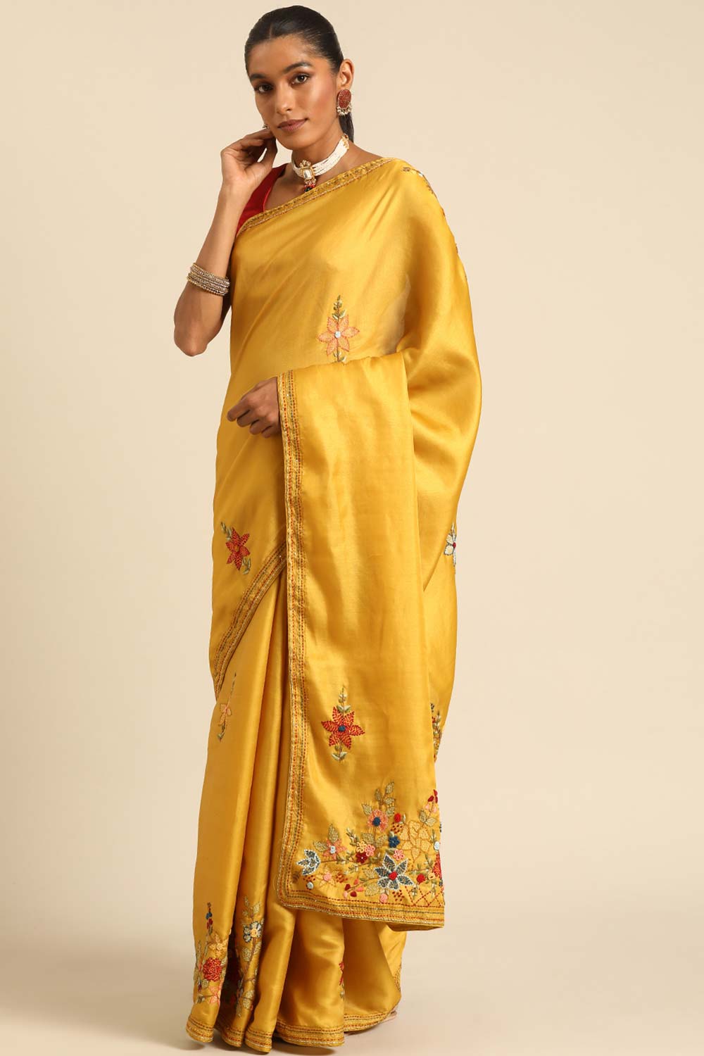 Yellow Silk Blend Woven Saree