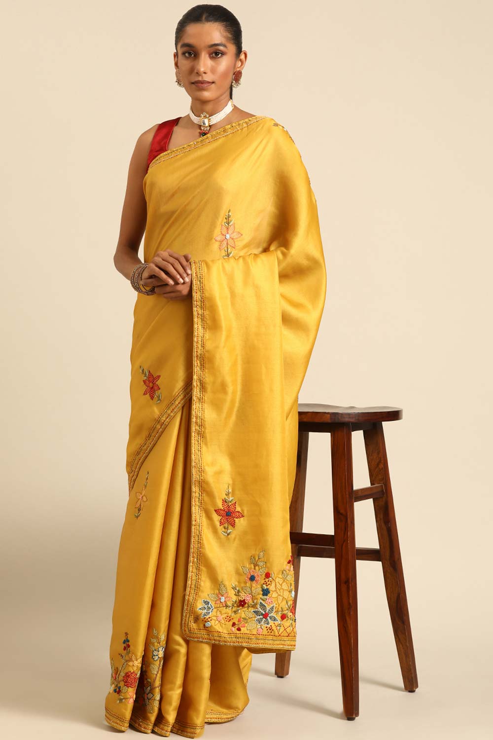 Yellow Silk Blend Woven Saree