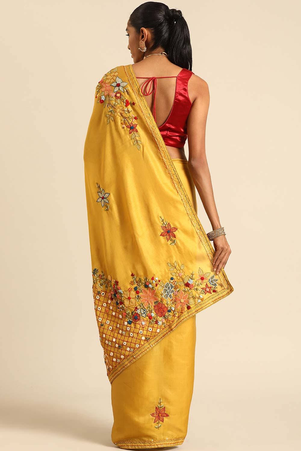 Yellow Silk Blend Woven Saree