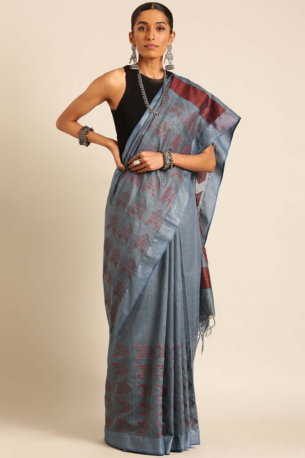 Blue Silk Blend Woven Saree