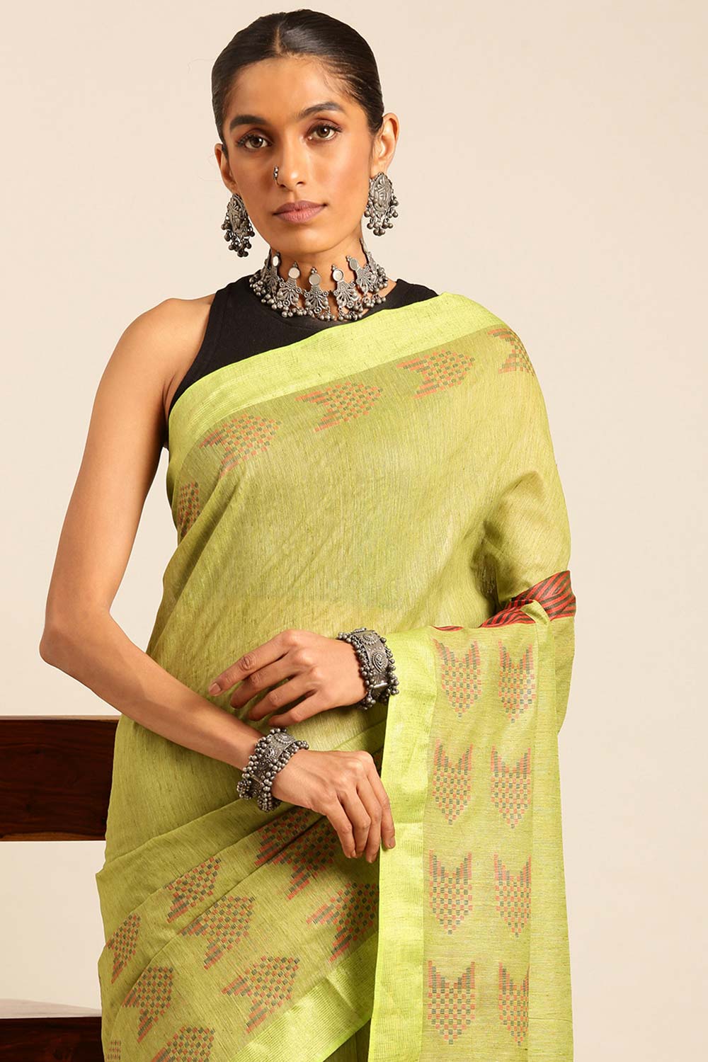 Green Silk Blend Woven Saree