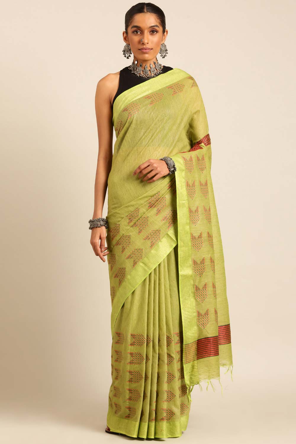 Green Silk Blend Woven Saree