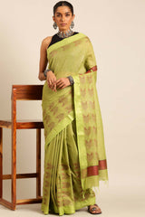 Green Silk Blend Woven Saree