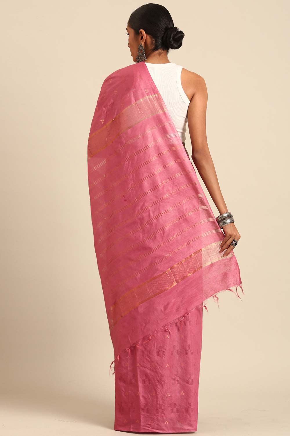 Peach Silk Blend Woven Saree