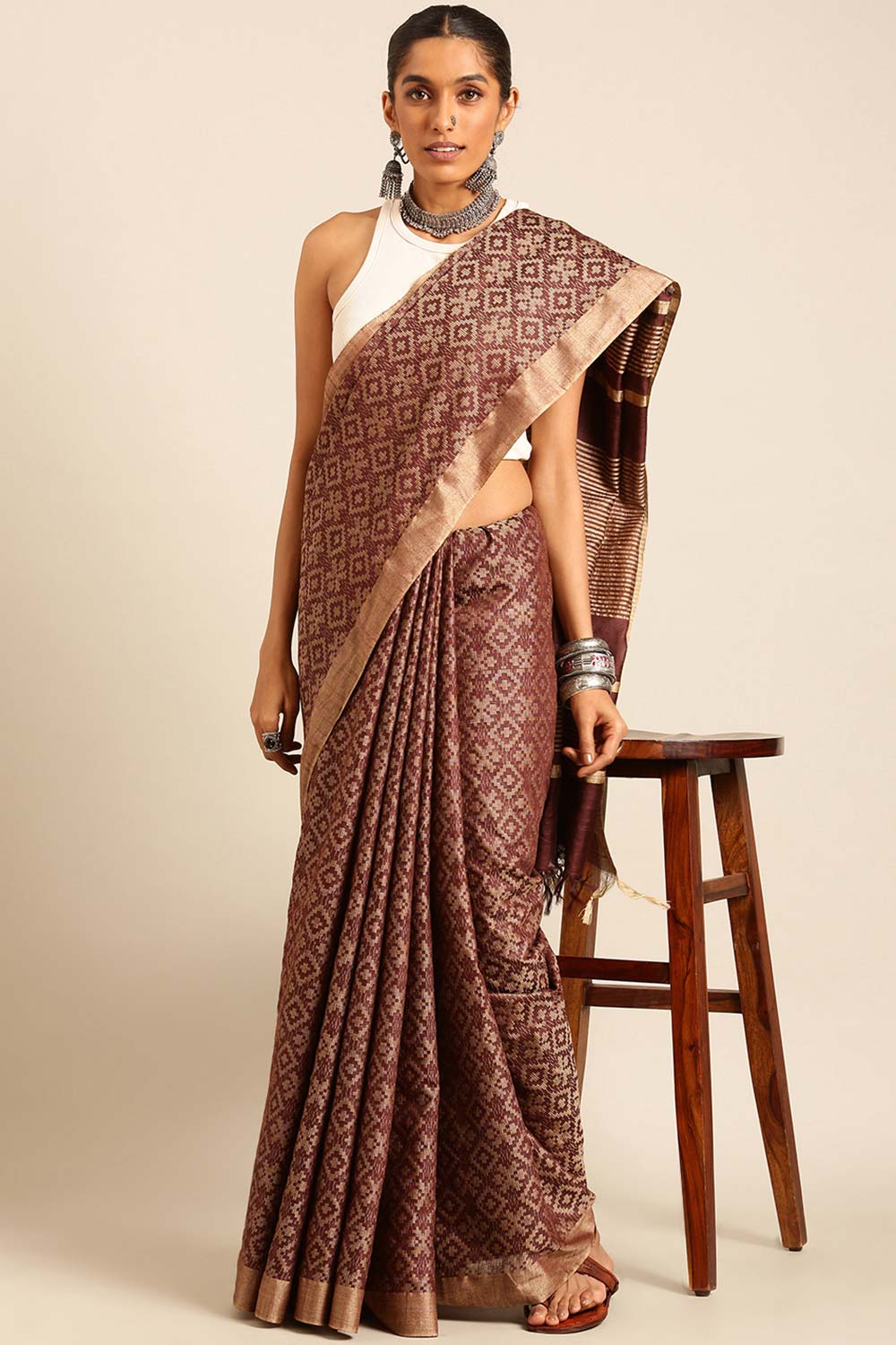 Brown Silk Blend Woven Saree