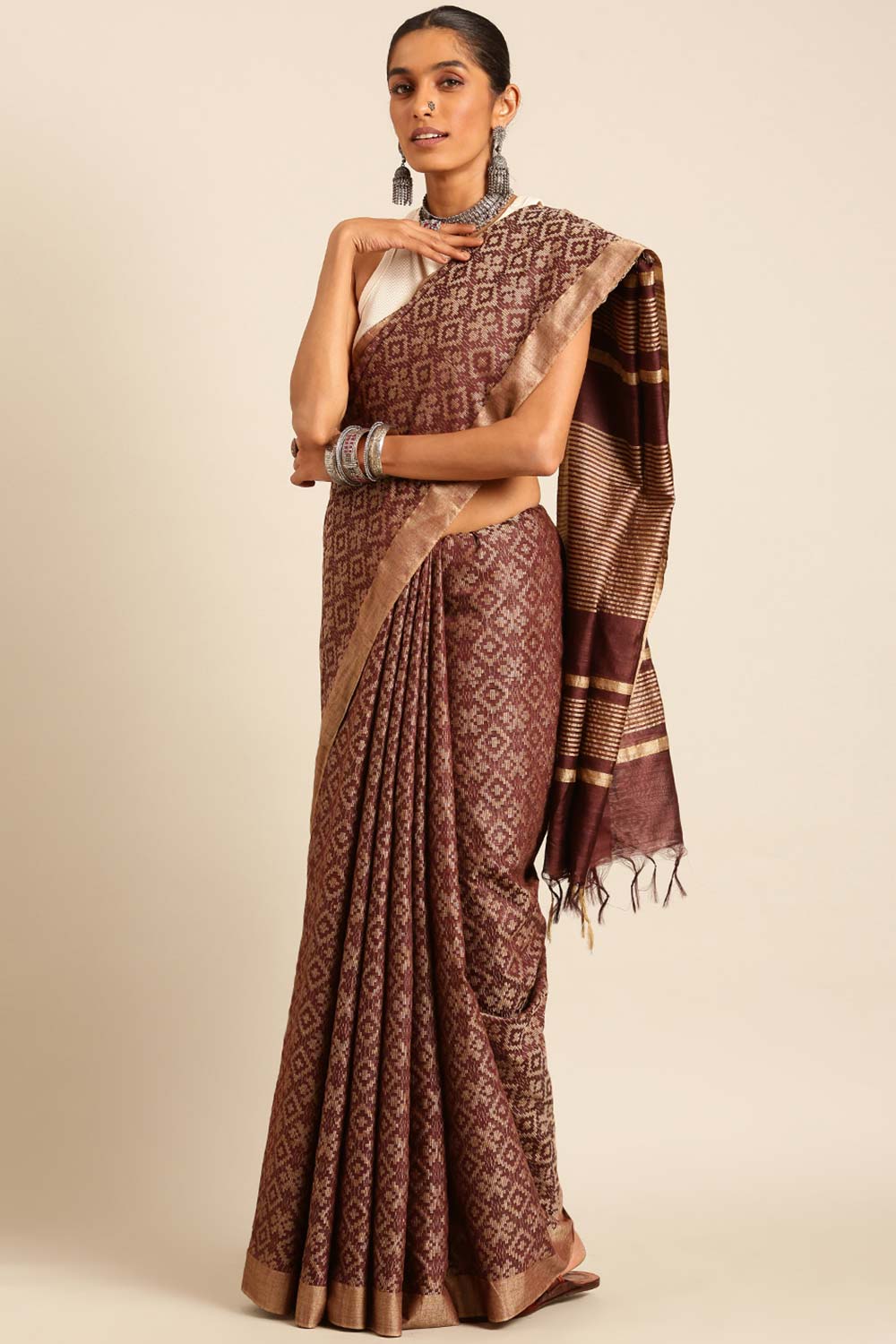 Brown Silk Blend Woven Saree