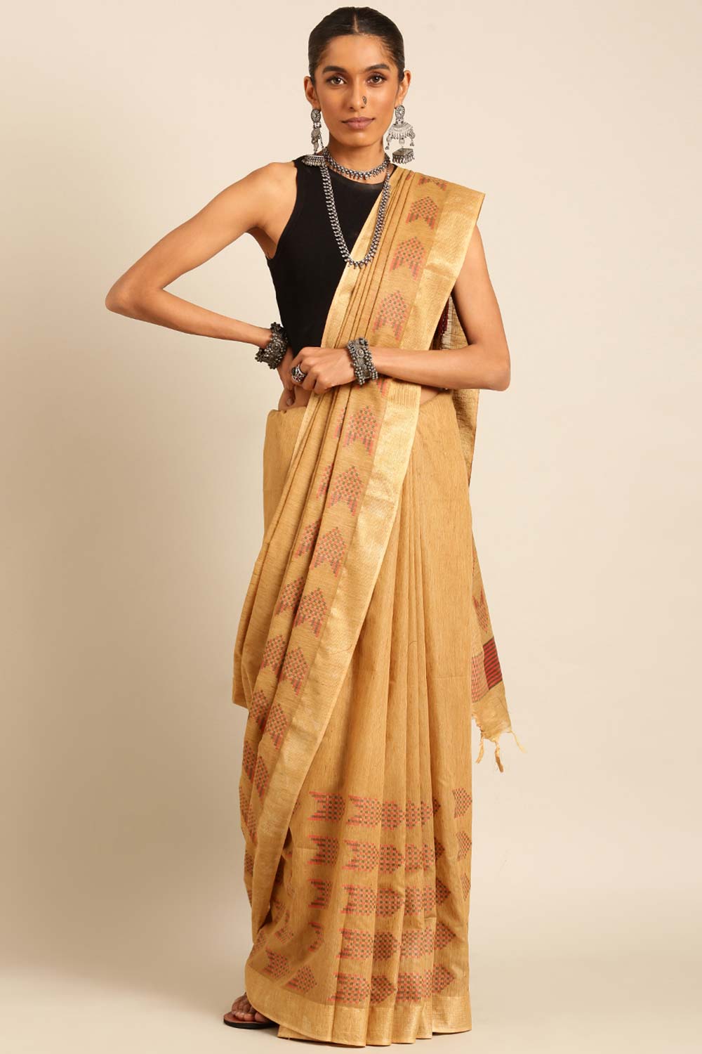 Brown Silk Blend Woven Saree