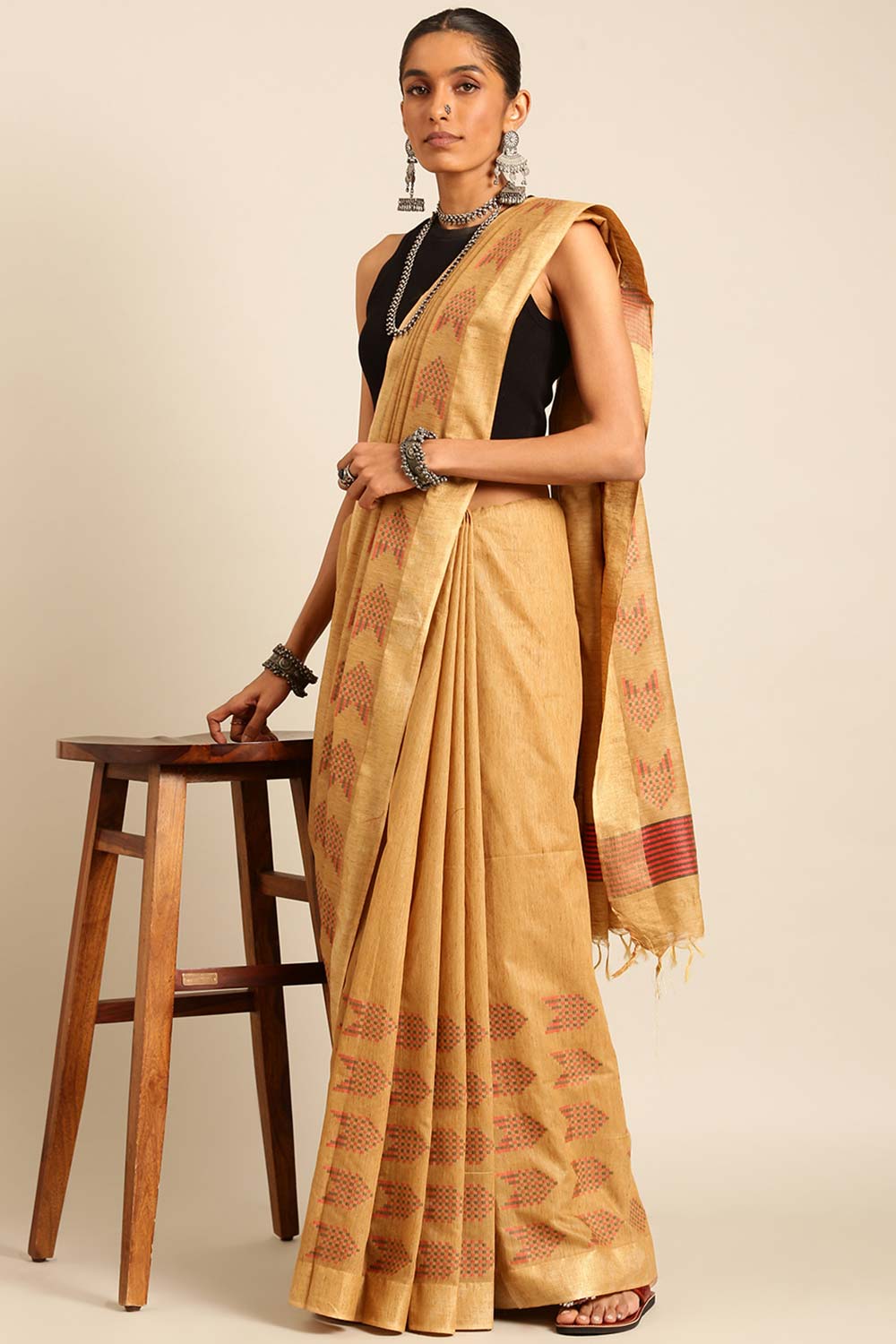 Brown Silk Blend Woven Saree