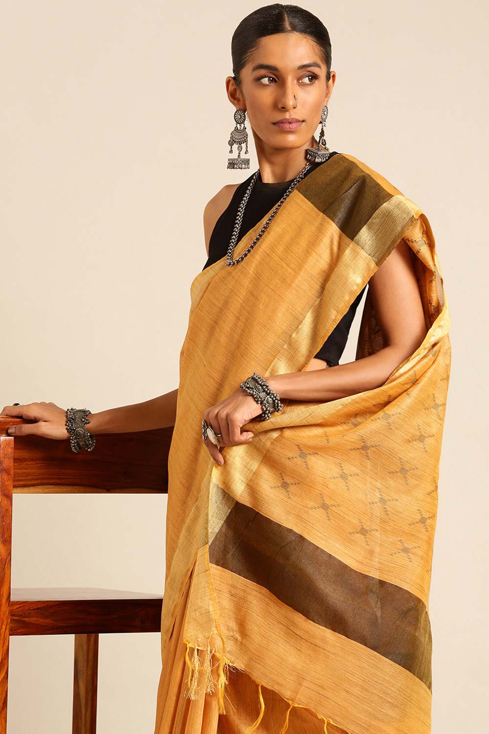 Orange Silk Blend Woven Saree