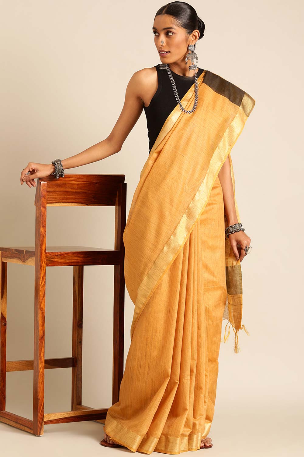 Orange Silk Blend Woven Saree